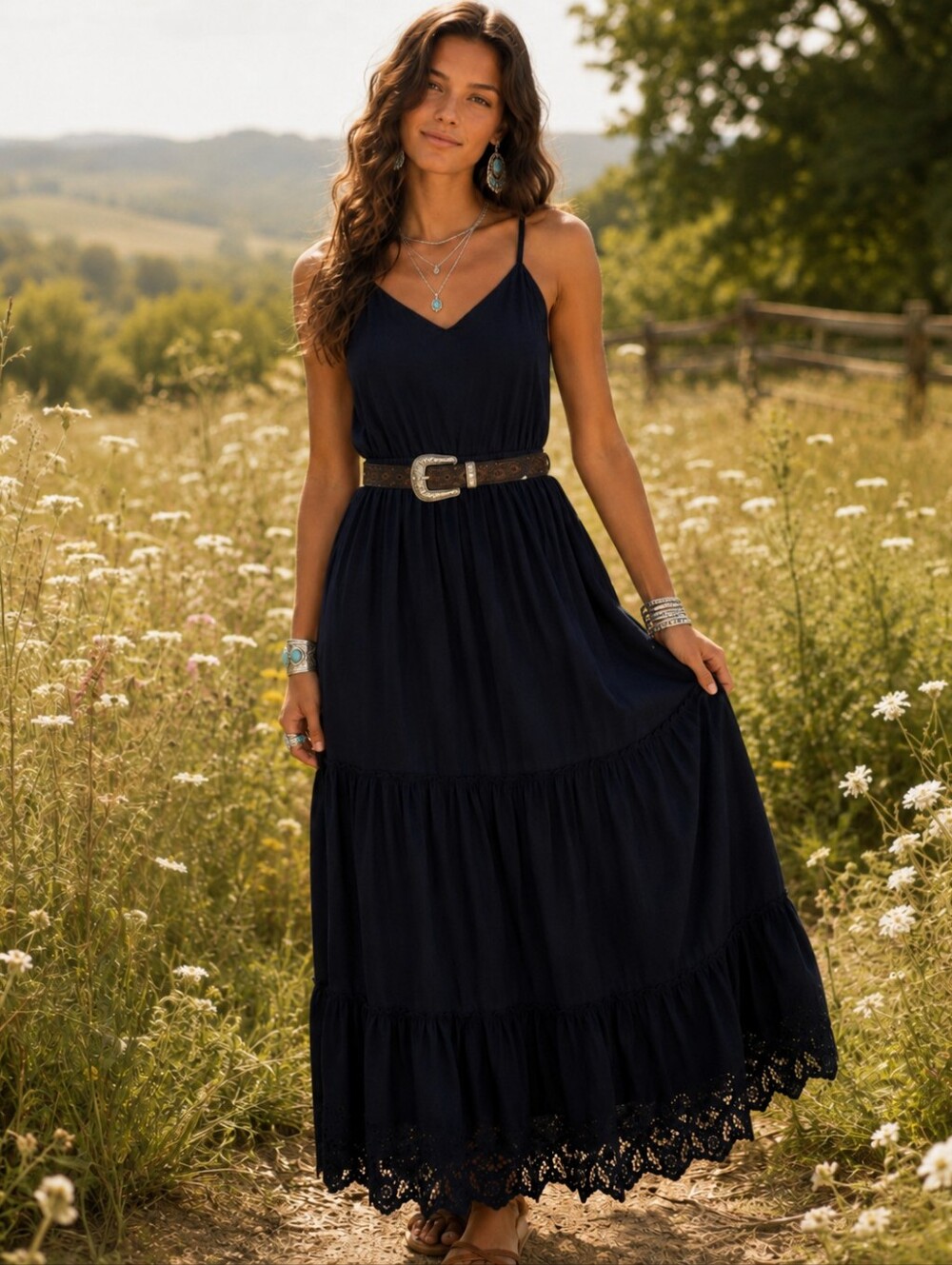 Splendid Dark Navy Eyelet Tiered Maxi Dress Boho Sleeveless Summer Resort Dress